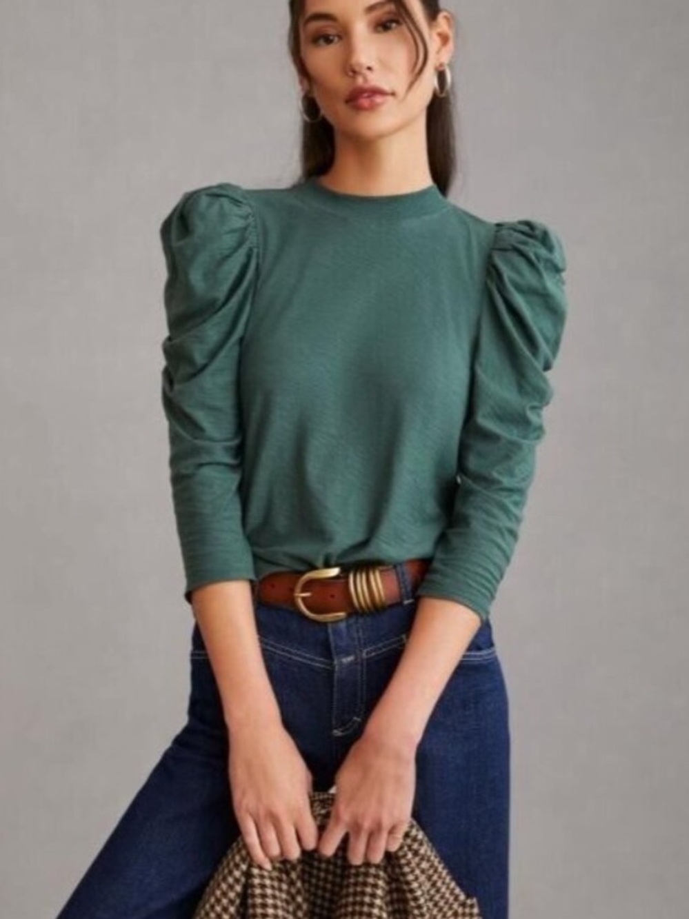NATION LTD Zeta Puff-Sleeve Top XS 100% Pima Cotton Green Basic Modest Causal